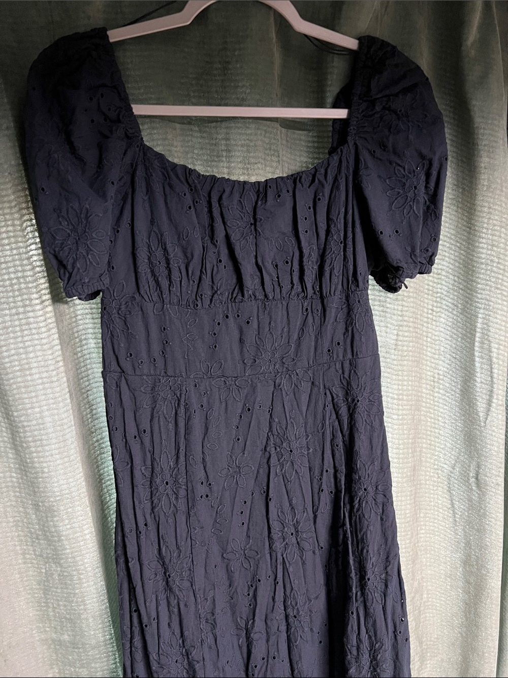 London Times Navy Eyelet Puff-Sleeve Midi Dress